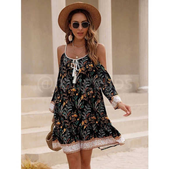 Black Cold Shoulder Tassel Detail Loose Fitting Mini Dress Short Floral Print - Picture 2 of 7